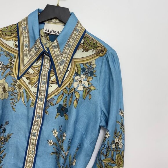 Alemais Women's Cassie Floral Flax Blue Floral-Print Belted Mini Dress - Picture 6 of 11